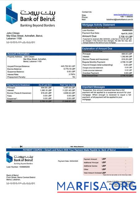 Printable Lebanon Bank of Beirut mortgage statement Word and PDF template